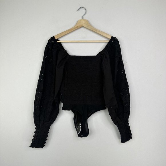 Free People Intimately Regina Eyelet Bodysuit Black XS Broderie Floral - Picture 10 of 11